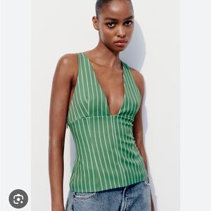 zara green striped print top going out top with zipper